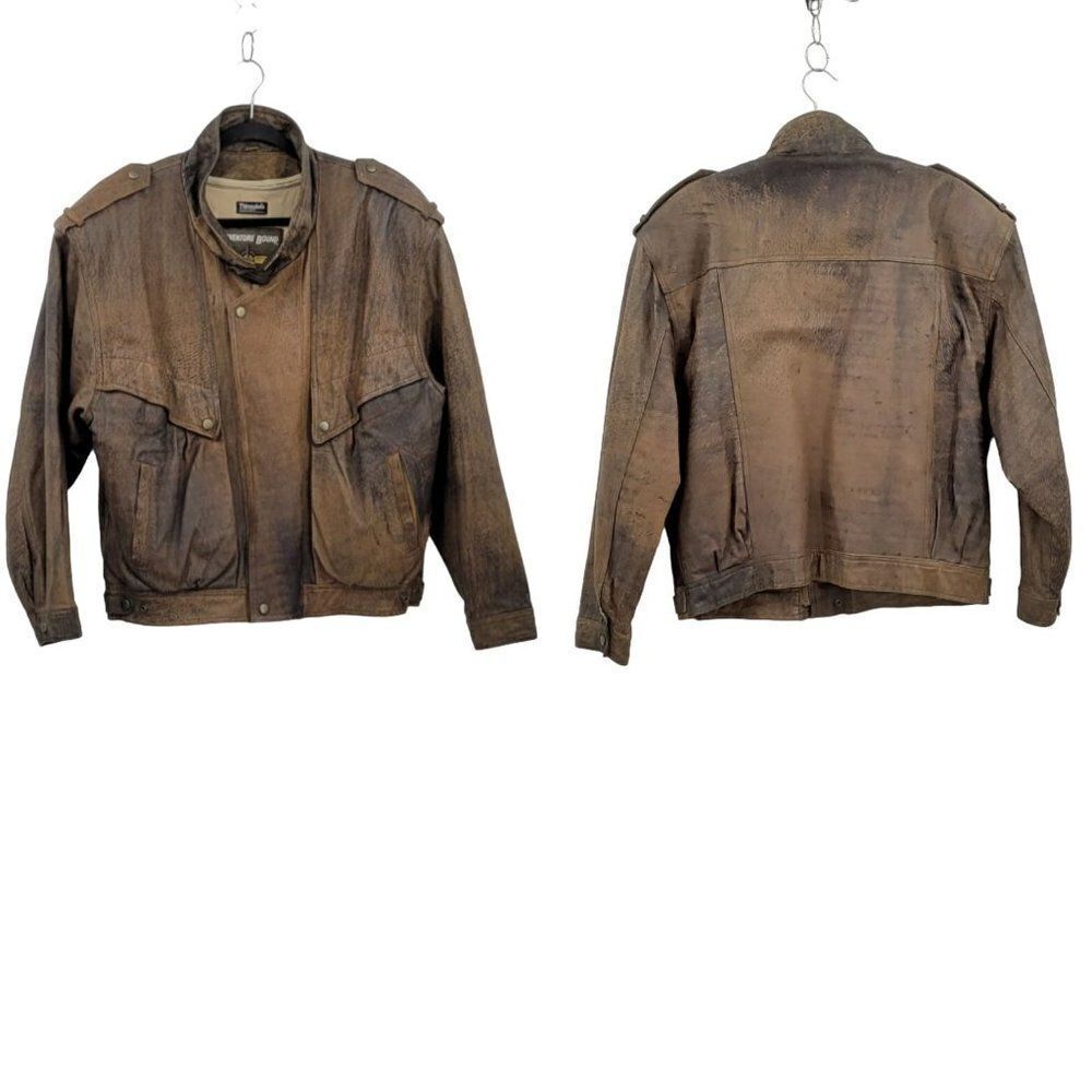 Vintage 80's Leather Jacket Flight Bomber‎ Maverick Top Gun Distressed Brown XL